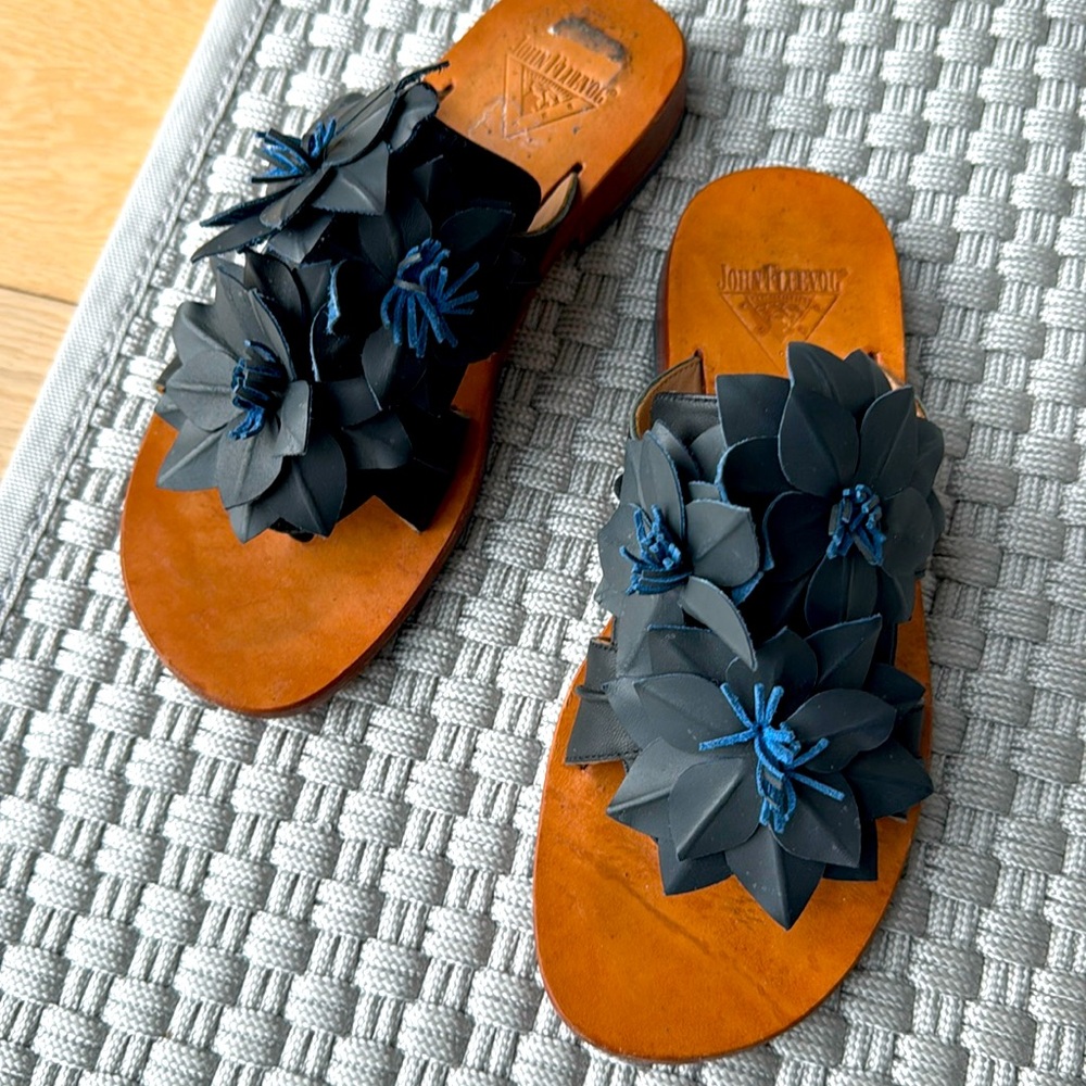 John Fluvog Leather Flower  Flip Flops